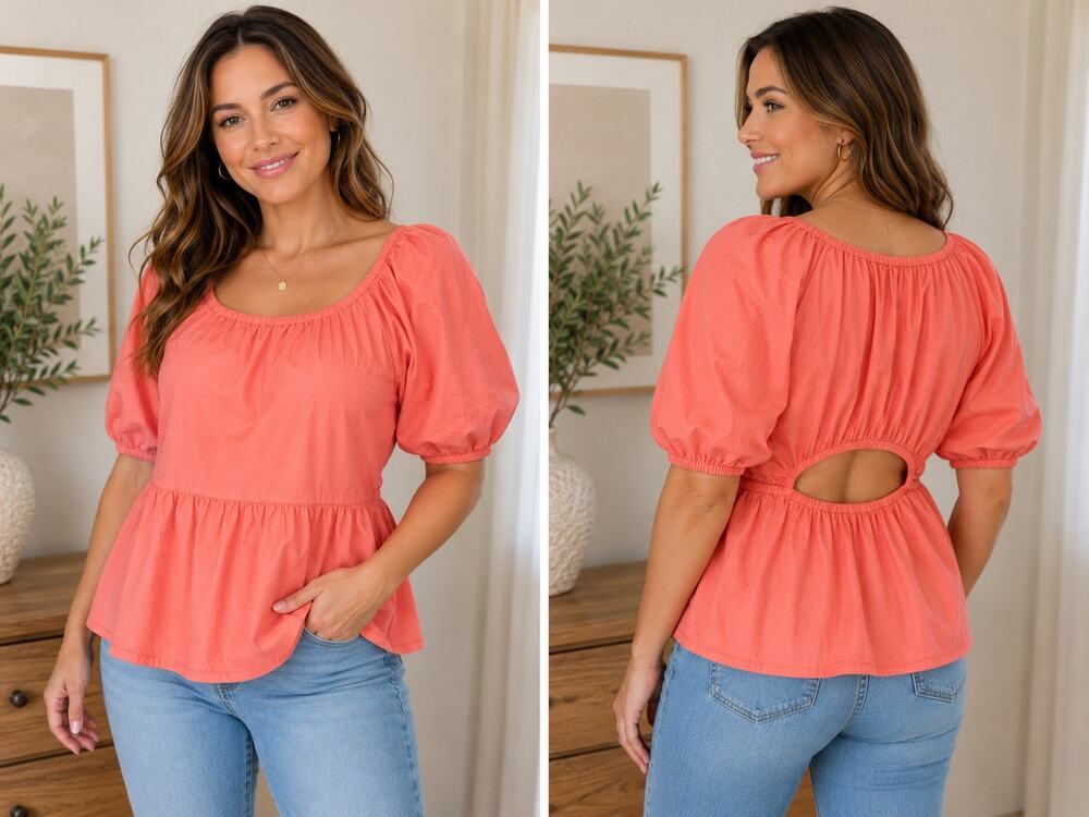 Old Navy Top Peasant Boho Summer SZ XL Coral Puffy Sleeves Peplum Relaxed Fit